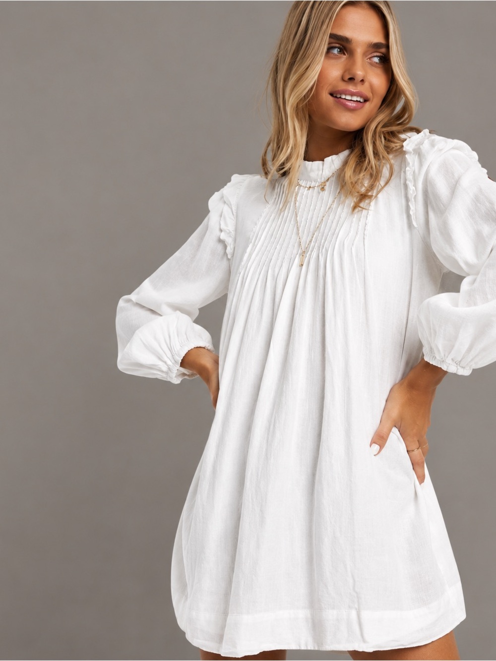 Free People White Pintuck Ruffle Mini Dress Boho Cottagecore Linen Blend S